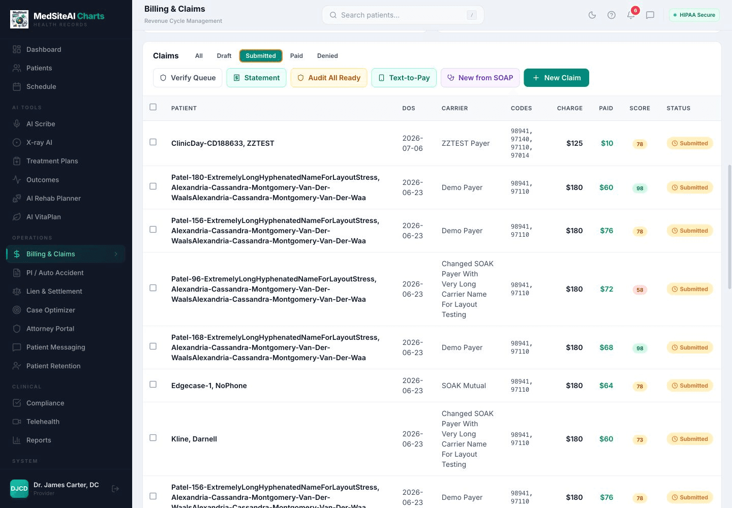 Live MedSite Charts claims dashboard showing claim stages and denial rules engine